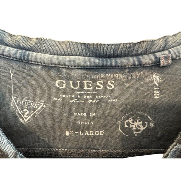 GUESS Denim Rebellion Distressed Graphic T-Shirt Blue Crinkle Wash XL Streetwear - Picture 4 of 9